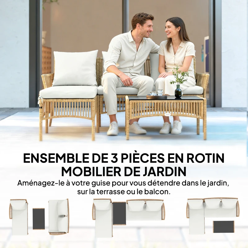 Outsunny Salon de jardin extérieur d'angle 4 places en résine tressée, canapé 2 places, chaise longue, table basse, crème