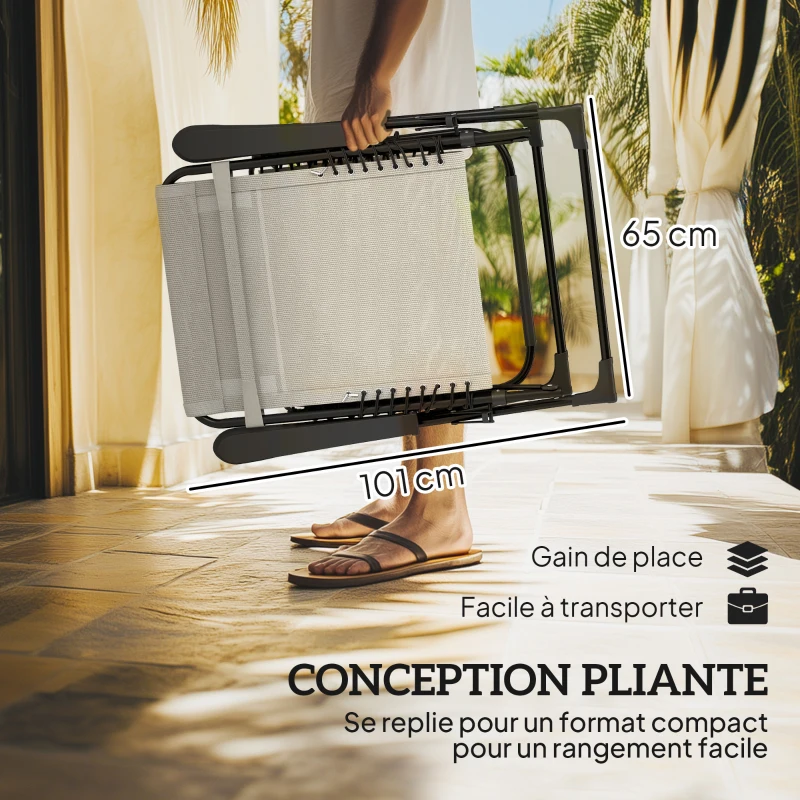 Outsunny Lot de 2 bain de soleil, chaise longue pliante inclinable avec appuie-tête en textilène, 90 x 65 x 112 cm, beige