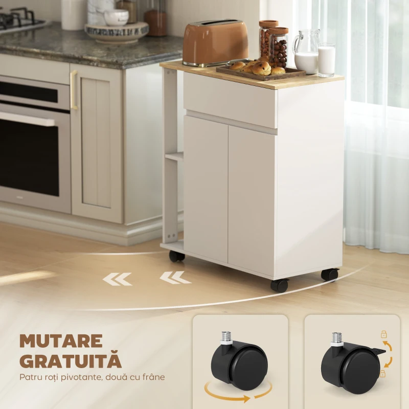 HOMCOM Cărucior Bucătărie, Insulă Bucătărie cu Sertar, Dulap, 2 Rafturi Laterale și Rafturi Reglabile, Cărucior Multiutilitar din Lemn, 78x39.5x88.5 cm, Alb și Stejar