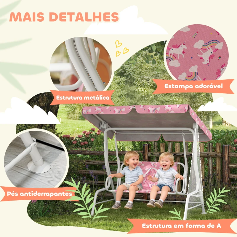 AIYAPLAY Baloiço de Jardim Exterior Infantil de 2 Lugares com Toldo Ajustável, Cintos de Segurança e Design de Unicórnio e Arco-Íris Rosa