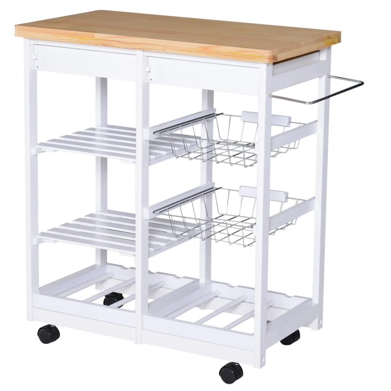 HOMCOM Carrito Auxiliar con Ruedas Carrito Verdulero Carro de Cocina con 2 Cajones 2 Cestas y 2 Estantes 74x37x76 cm Blanco