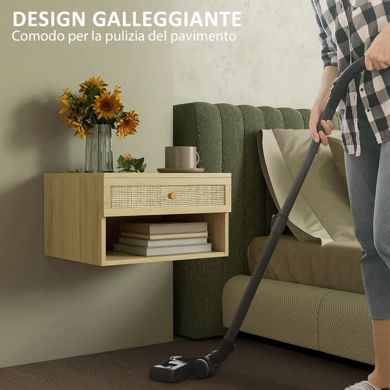 HOMCOM Set 2 Comodini con Cassetto e Ripiani Aperti in stile Boho, in Truciolato e Rattan, 40x34x23 cm