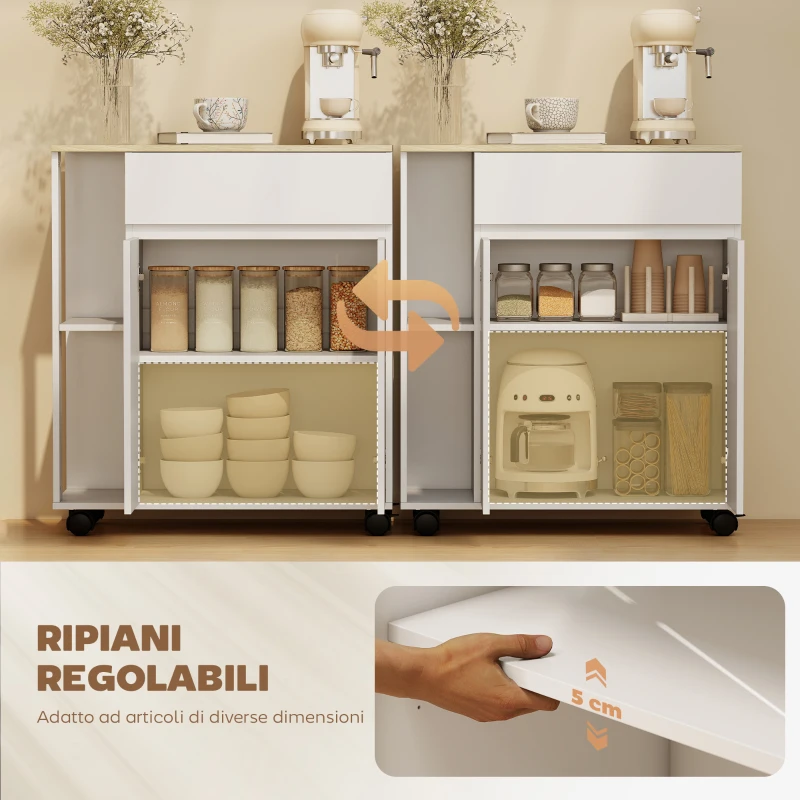 HOMCOM Carrello Cucina con Cassetto, Armadietto e 2 Ripiani Laterali, in Legno, 78x39.5x88.5 cm, Bianco e Rovere