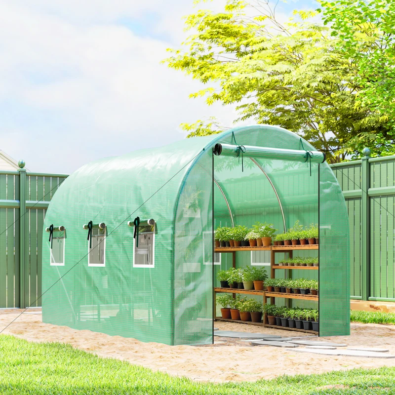 Outsunny Estufa 3x2x2 m Estufa de Plástico com 2 Portas Enroláveis com Zíper e 6 Janelas em Tela Hastes de Suporte Verde