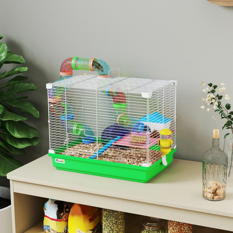 PawHut Cușcă pentru Hamster cu Tunel Bol Sticlă de Apă Căsuță Rampă Roată de Exerciții Tavă Detașabilă 46x30x37 cm Verde