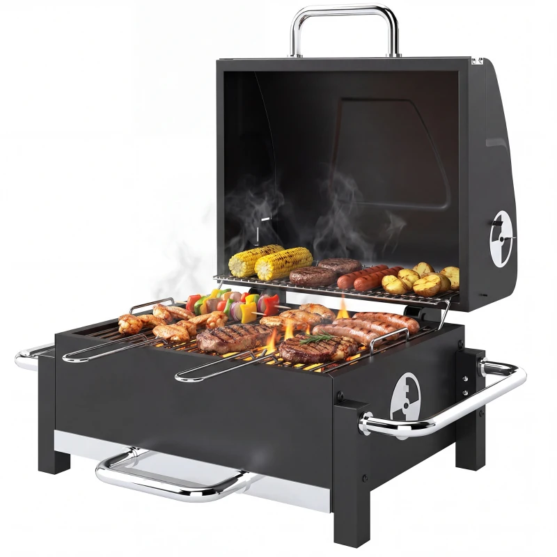 Outsunny Steel Charcoal Grill Portable BBQ Smoker with Lid Adjustable Vents Two-Stage Charcoal Pan Thermometer
