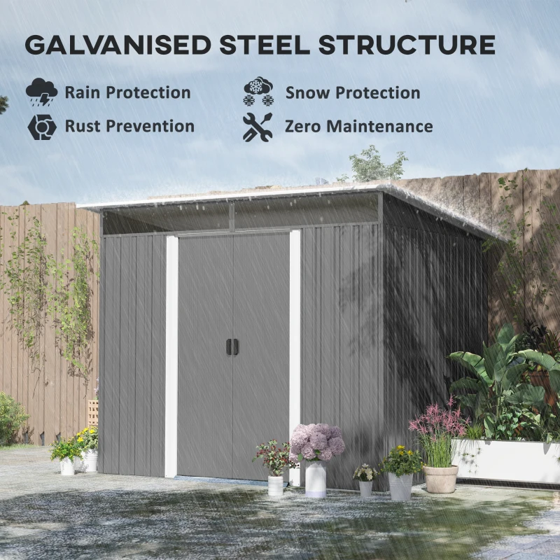 Outsunny Garden Metal Storage Shed House Hut Gardening Tool Storage w/ Tilted Roof and Ventilation 8.5 x 6ft, Grey