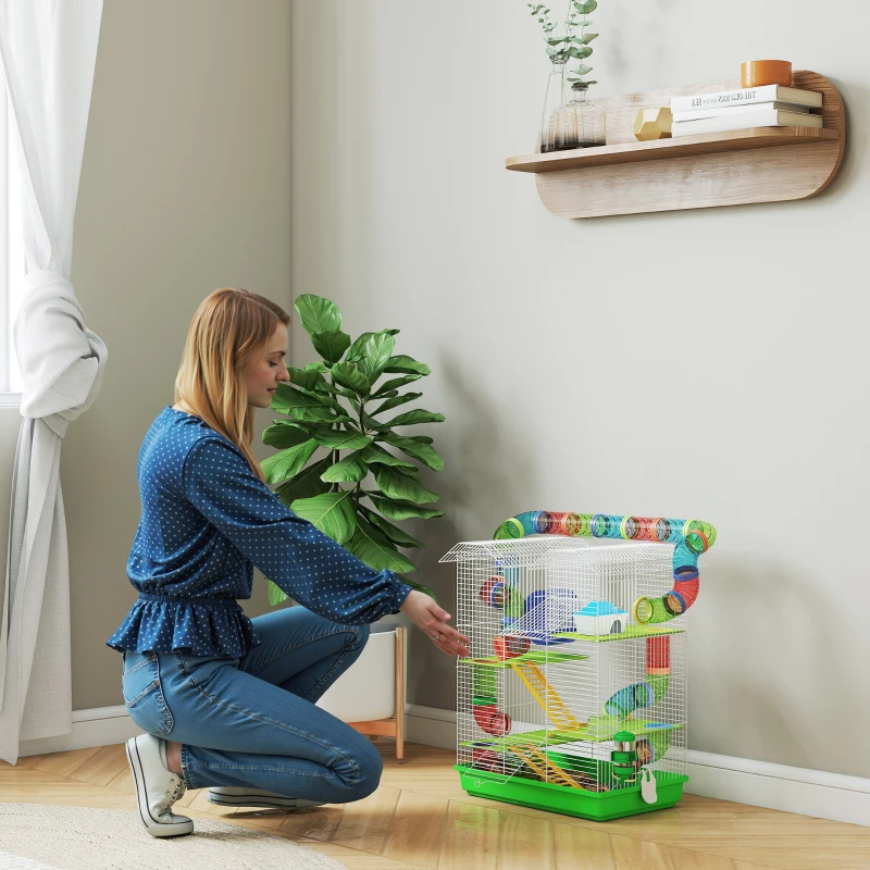PawHut Jaula para Hámster de 5 Niveles 47x30x59 cm con Túnel Comedero Bebedero Casita Rueda de Ejercicio Escaleras Verde