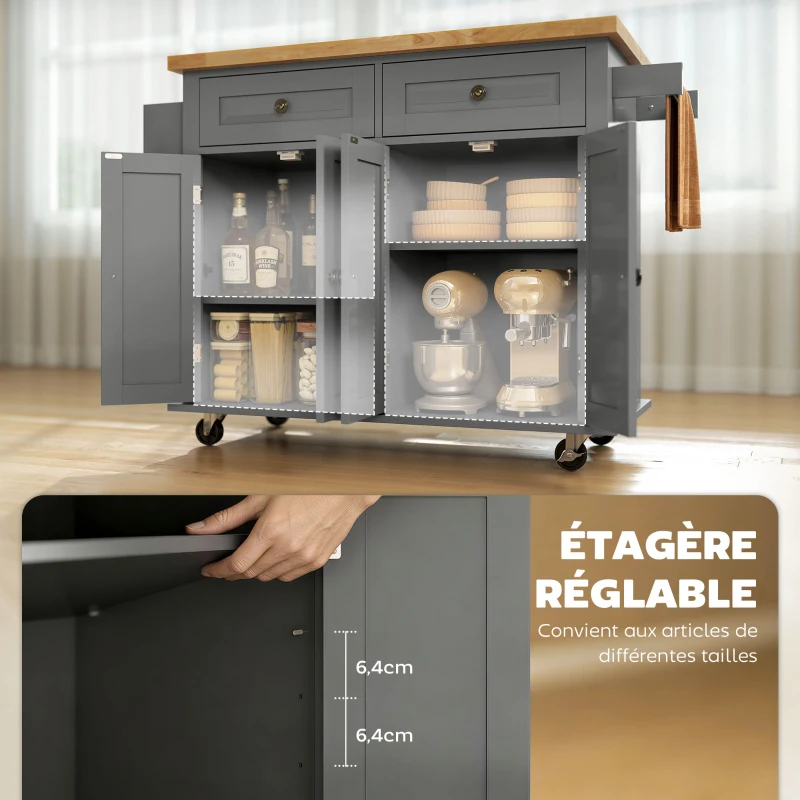 HOMCOM Desserte ilôt de cuisine multi rangements 2 tiroirs 2 placard 2 portes avec étagère range-bouteille porte-torchons et étagère réglable MDF gris hévéa