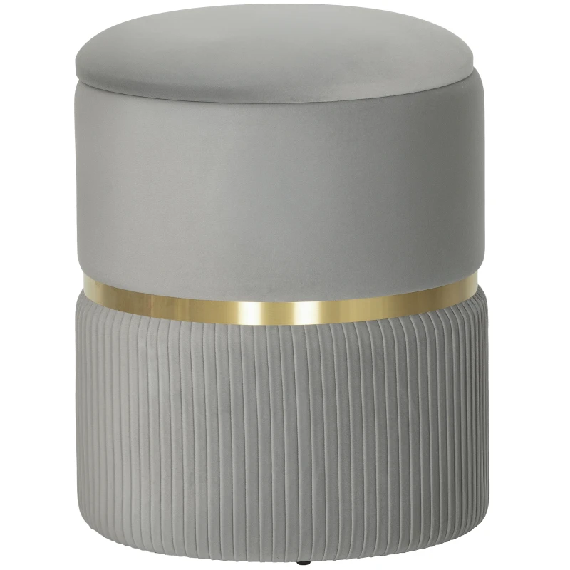 HOMCOM Pouf de rangement rond, pouf recouvert de velours avec couvercle amovible, assise rembourrée et rangement dissimulé, Gris clair