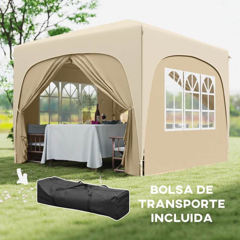 Outsunny Cenador Plegable 3x3 m Gazabo con Paneles Laterales UPF50+ Altura Ajustable y Bolsa de Transporte Arena