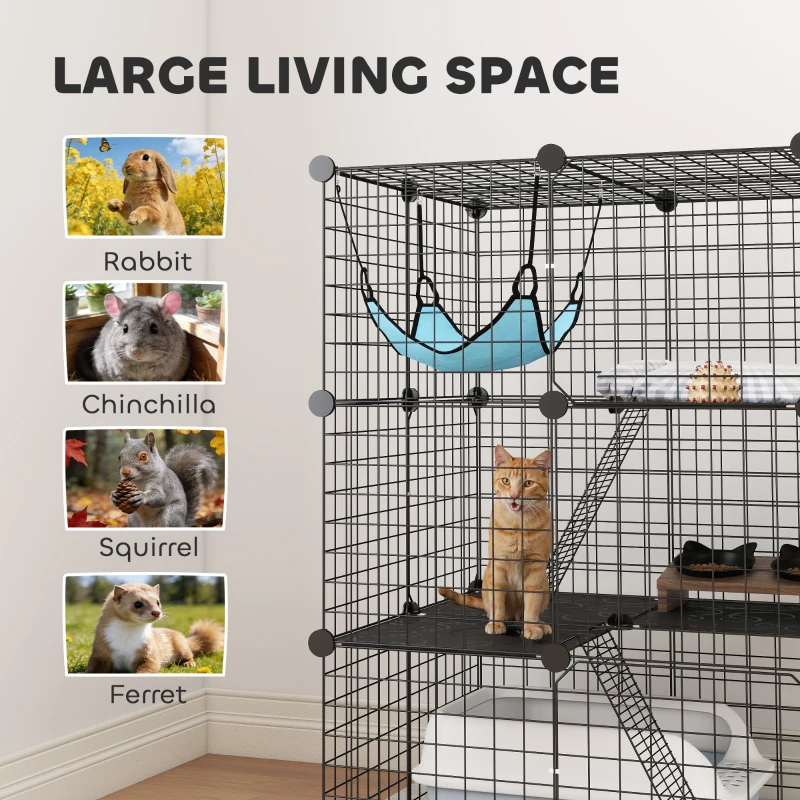 PawHut Indoor Cat Cage DIY Customizable 3-Tier Indoor Cat Enclosure with 3 Doors and Hammock 105 cm Black