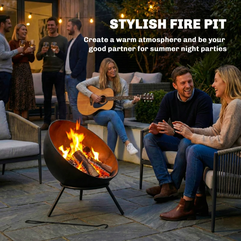 Outsunny Bol pentru foc 60 x 53 x 66cm reglabil focar cu cârlig grilaj pentru cărbuni suport Negru