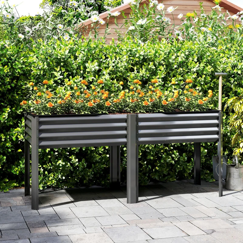 Outsunny Canteiro Elevado de Metal Caixa de Plantio Extra Grande com Travessas de Reforço e Forro em Tecido Não Tecido 180x55x80 cm Cinza Escuro