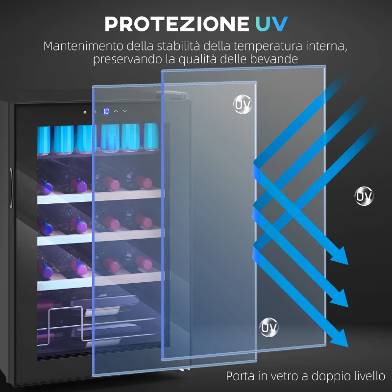 HOMCOM Cantinetta Frigo per Vino da 53L con Ripiani Regolabili per 12 Bottiglie e 25 Lattine, 43x45x64 cm, Nero
