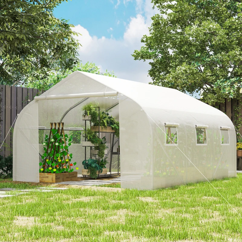 Outsunny Walk-In Polytunnel Greenhouse Warm House Garden Tunnel Shelter Plant Shed with Door and Windows, Galvanised Steel Frame, 3.5 x 3 x 2m, White