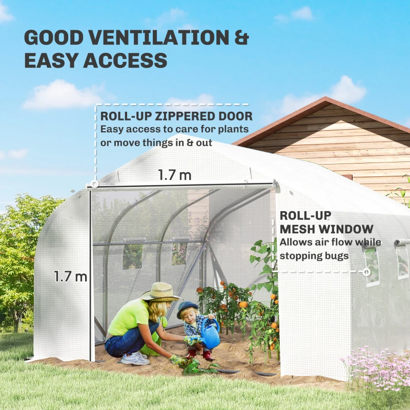 Outsunny Walk-In Polytunnel Greenhouse Warm House Garden Tunnel Shelter Plant Shed with Door and Windows, Galvanised Steel Frame, 3.5 x 3 x 2m, White
