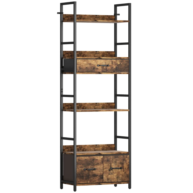HOMCOM Bibliothèque étagère de rangement à 6 niveaux avec 4 étagères, 3 tiroirs en tissu, 60x30x176cm, brun rustique