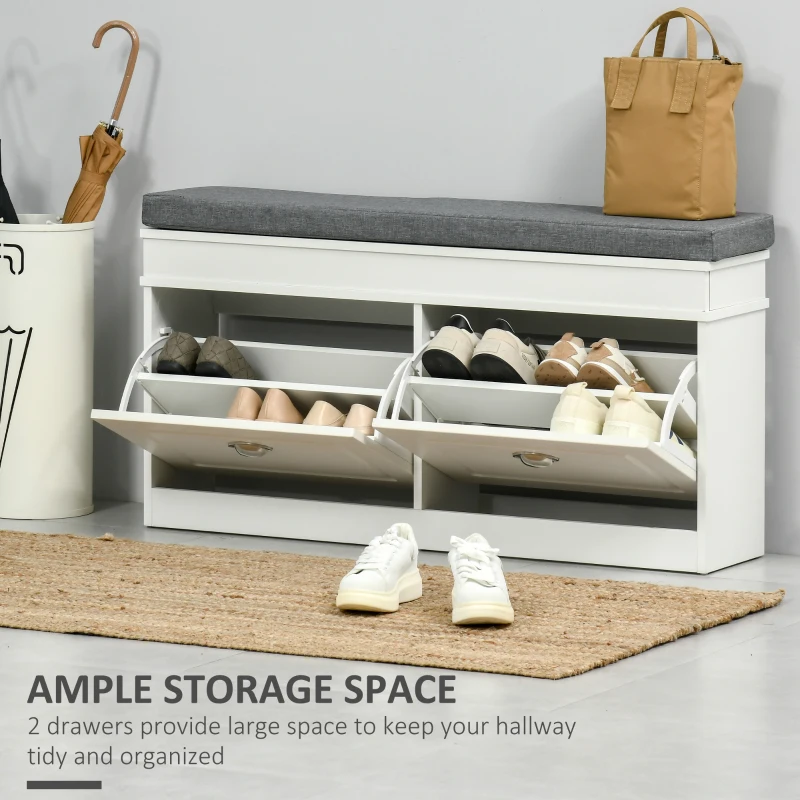 HOMCOM Shoe Storage Bench with Flip Drawers, Shoe Cabinet with Seat Cushion and Adjustable Shelf for Hallway, Entryway, Living Room, Bedroom, White