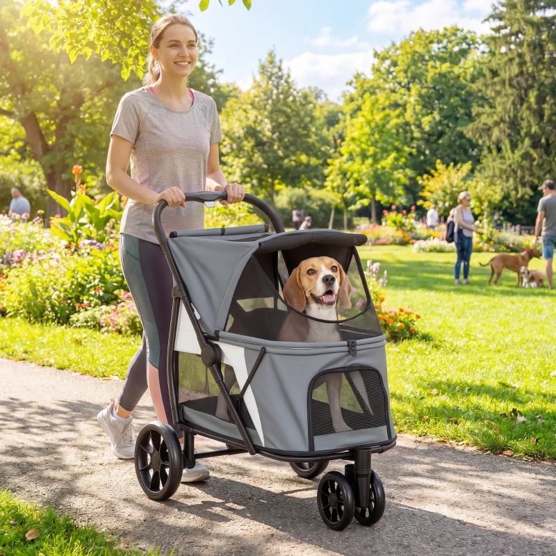 PawHut Hundewagen Faltbar Hundebuggy mit waschbarem Kissen, Netzfenstern, 3 Räder, für mittelgroße Hunde bis 20 kg, Grau
