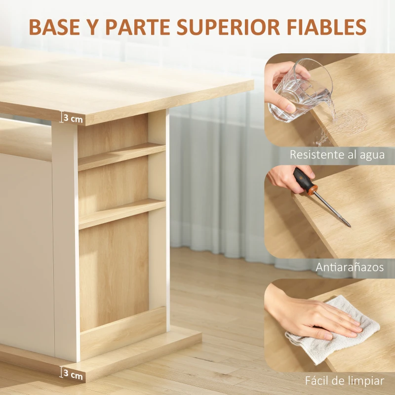 HOMCOM Isla de Cocina para 4-6 Personas con 4 Puertas Compartimentos Abiertos Estante Ajustable 110x70x75,5 cm Roble y Blanco