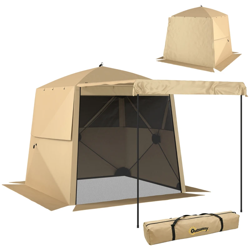Outsunny Pop Up Canopy Waterproof Instant Shelter with Awning Mesh Windows for Camping Patio 2 x 2 m Khaki