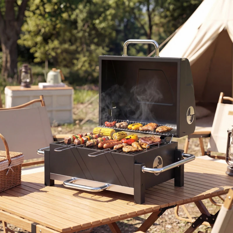 Outsunny Steel Charcoal Grill Portable BBQ Smoker with Lid Adjustable Vents Two-Stage Charcoal Pan Thermometer