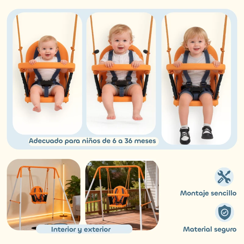 Outsunny Columpio para Bebés Columpio Jardín Exterior de Acero con Respaldo Cinturón de Seguridad Carga 25 kg Naranja