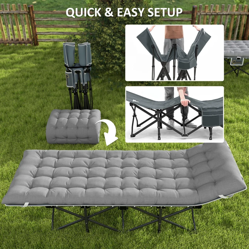 Outsunny 68cm Wide Folding Bed, Camping Cot for Adults with Mattress, Carry Bag, Storage Pocket, Max Load 150kg, Light Grey