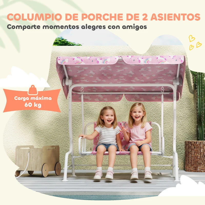 AIYAPLAY Columpio Jardín Exterior para niños 2 Plazas Toldo Ajustable Cinturones de Seguridad Diseño de Unicornio Arcoíris Rosa