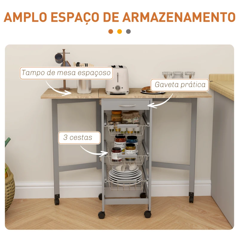 HOMCOM Carrinho Auxiliar Dobrável Carrinho de Cozinha com 6 Rodas 1 Gaveta e 3 Cestos de Metal 97,2x37x77,5 cm Cinza e Carvalho