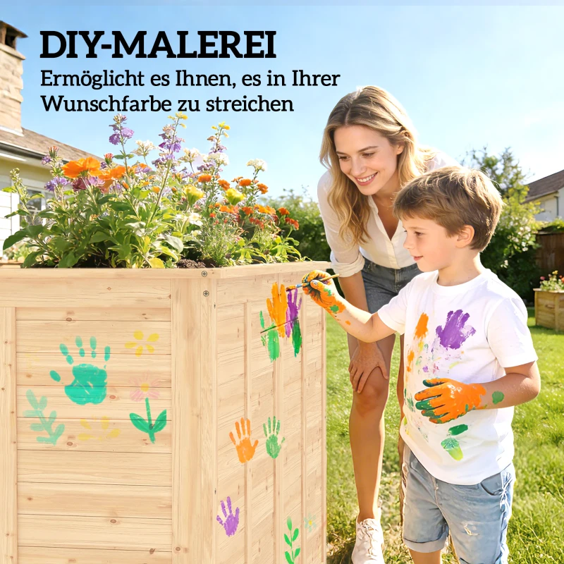 Outsunny Podwyższona drewniana grządka 152 x 77 x 77 cm Głęboka na zioła z otwartym dnem i prętami wzmacniającymi