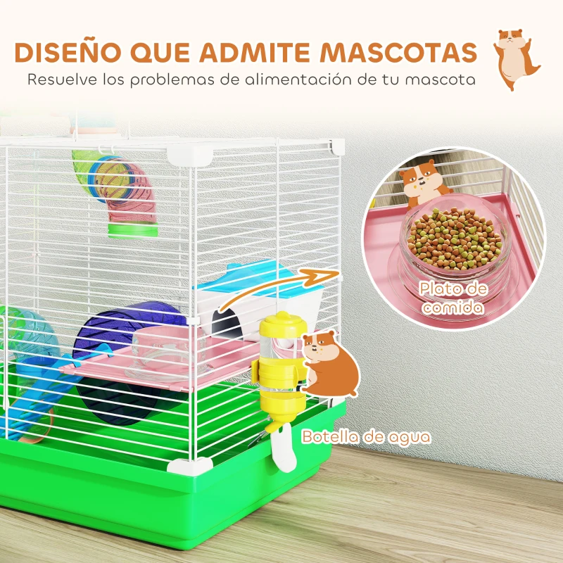 PawHut Jaula para Hámster con Túnel Cuenco Bebedero Casita Rampa Rueda de Ejercicio Bandeja Extraíble 46x30x37 cm Verde