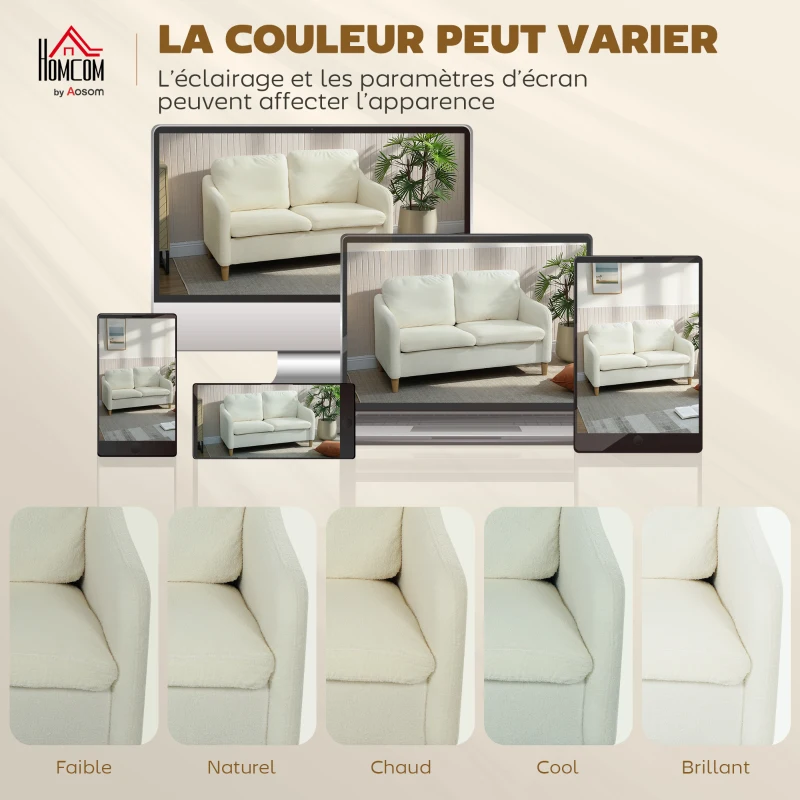 HOMCOM Canapé 2 places, canapé de salon en tissu bouclette avec coussins inclus, assise rembourrée, 137 x 69 x 82 cm, crème