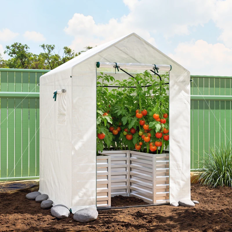 Outsunny Estufa para Tomates Estufa de Filme com Canteiro Elevado Porta Enrolável Janela Telhado Inclinado 141x141x190 cm Branco