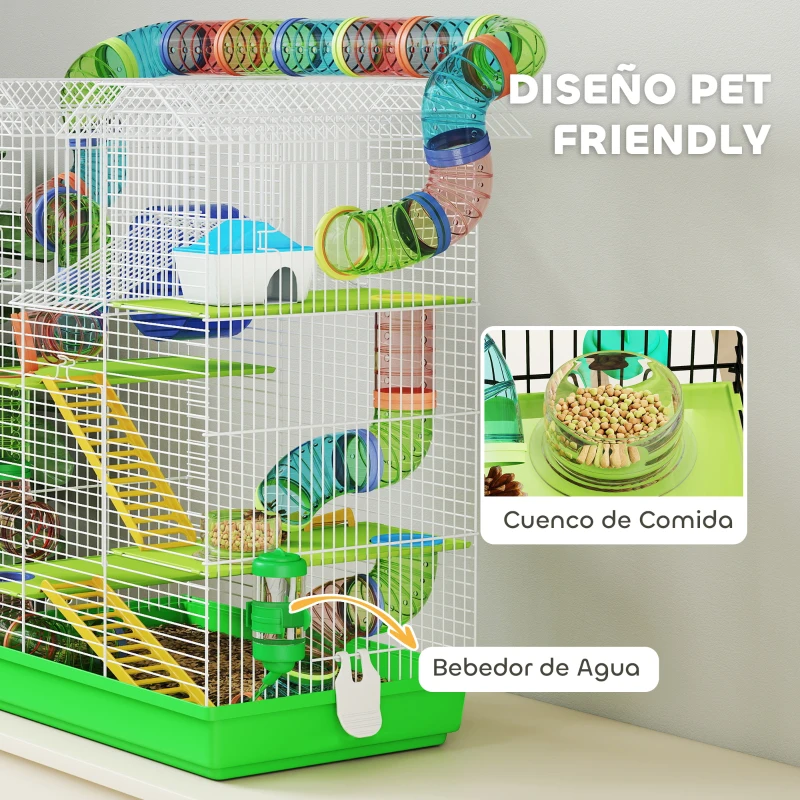 PawHut Jaula para Hámster de 5 Niveles 47x30x59 cm con Túnel Comedero Bebedero Casita Rueda de Ejercicio Escaleras Verde