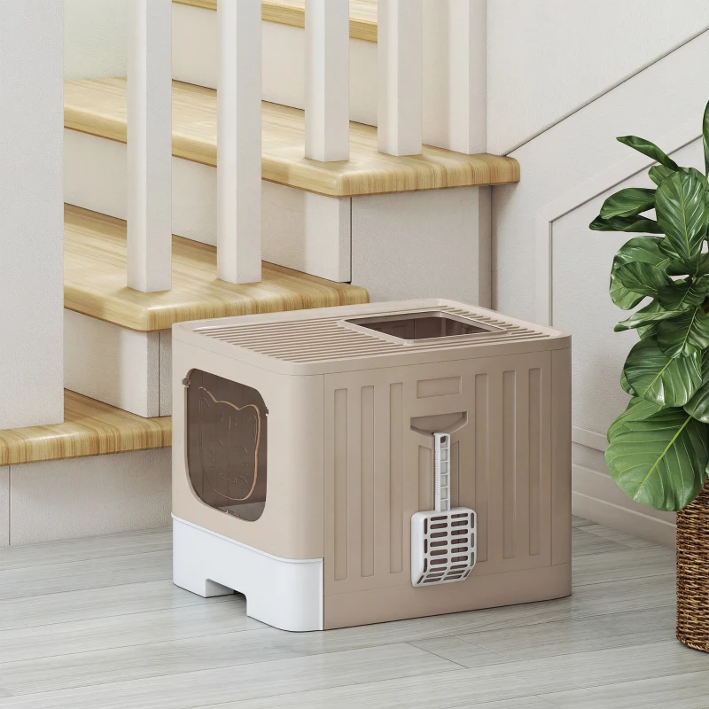 PawHut Foldable Cat Litter Box with Lid, Slide-Out Drawer, Scoop, Easy Clean, Odour Control, Anti-Splashing, Khaki