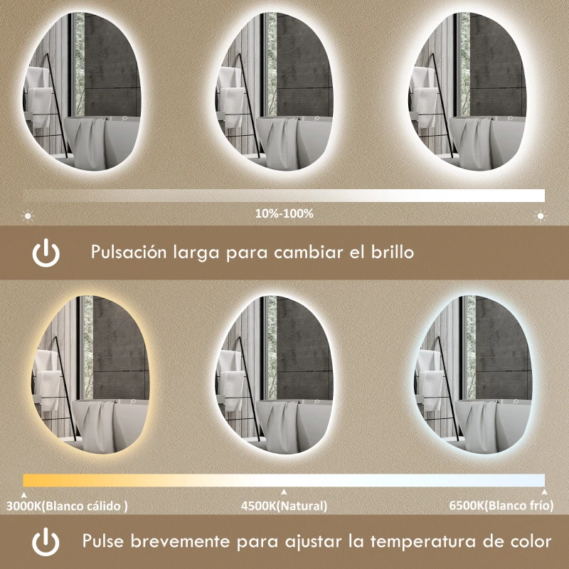 HOMCOM Espejo de Baño con Luz LED 70x50 cm 3 Colores de Luz Brillo Regulable Función Antivaho Función de Memoria IP44