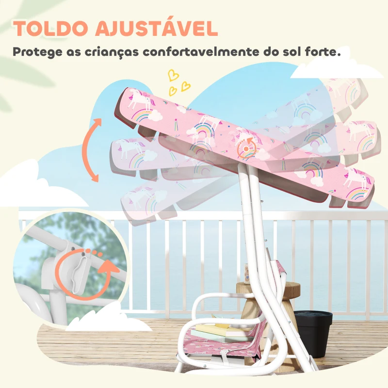 AIYAPLAY Baloiço de Jardim Exterior Infantil de 2 Lugares com Toldo Ajustável, Cintos de Segurança e Design de Unicórnio e Arco-Íris Rosa