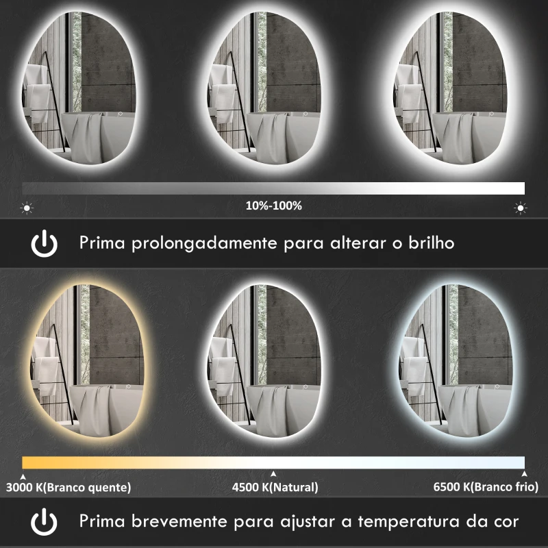 HOMCOM Espelho de Casa de Banho LED 3 Cores de Luz Brilho Regulável Função Anti-Embaciamento Função Memória IP44 70x50 cm Prata