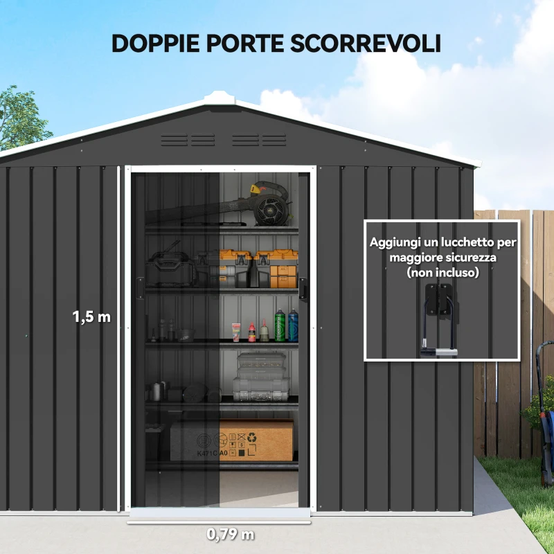 Outsunny Casetta da Giardino 2.3x1.7 m in Acciaio con Prese d'Aria e Doppia Porta Scorrevole, Grigio Scuro