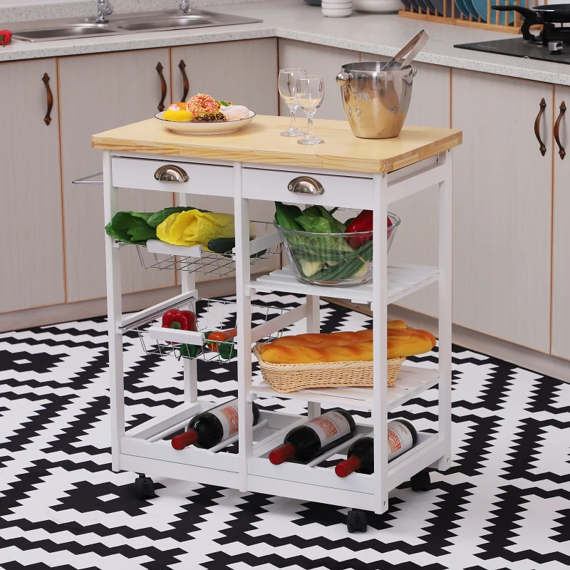 HOMCOM Chariot de service desserte de cuisine à roulettes multi-rangements 74L x 37l x 76H cm plateau bois massif pin châssis MDF blanc