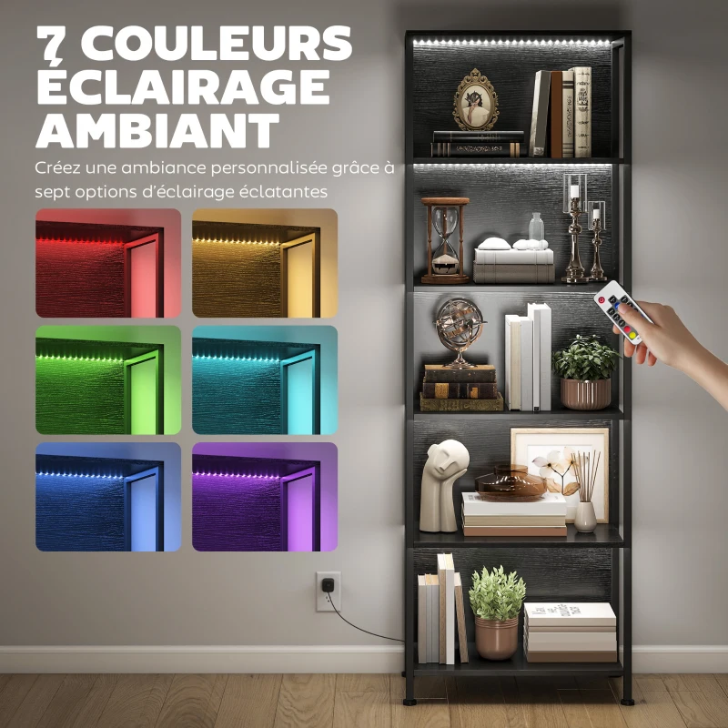 HOMCOM Bibliothèque étagère de rangement à 5 niveaux avec éclairage LED 7 couleurs, structure en acier, 60 x 30 x 179 cm, noir