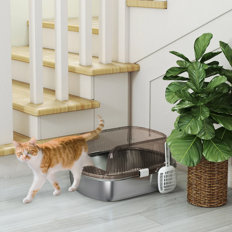 PawHut Katzenklo Edelstahl, Katzentoilette mit hohem Rand, Wanne, inklusive Schaufel, für große Katzen, 53x42x27cm, Kohlegrau