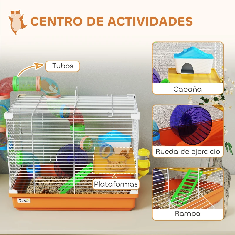 PawHut Jaula para Hámster con Túnel Cuenco Bebedero Casita Rampa Rueda de Ejercicio Bandeja Extraíble 46x30x37 cm Naranja