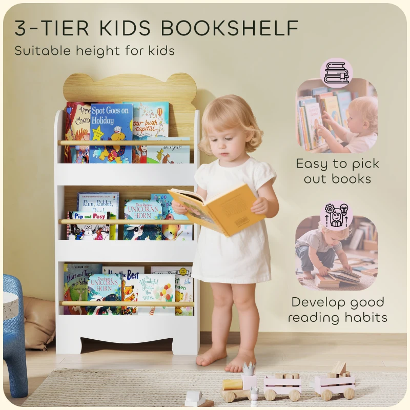 AIYAPLAY Kids Bookshelf, 3 Tier Children Bookcase, Bear Theme Toddler Space-Saving Bookcase for Living Room, White