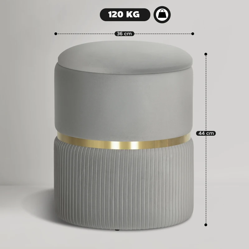 HOMCOM Pouf de rangement rond, pouf recouvert de velours avec couvercle amovible, assise rembourrée et rangement dissimulé, Gris clair