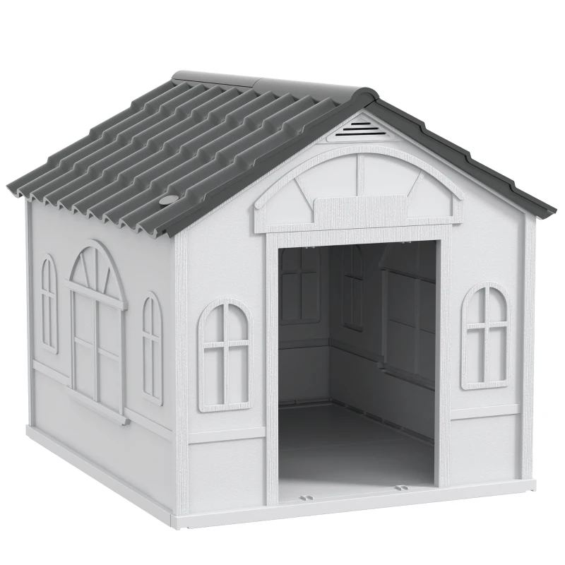 PawHut Casa para Cães 65x75,7x63 cm Casa para Cães com Janelas e Teto com Telhas de Imitação para Cães Médios Cinza e Branco