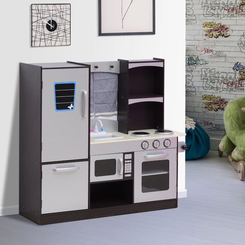 HOMCOM Cuisine pour enfants en bois dinette jeu d'imitation éducatif complet nombreux accessoires & rangements inclus MDF pin 105 x 32 x 95 cm argenté et noir