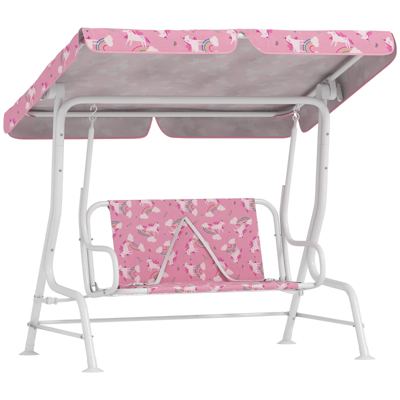 AIYAPLAY Leagăn pentru Copii de Exterior cu 2 Locuri, Acoperiș Reglabil și Centuri de Siguranță, Leagăn Grădină și Interior din Oțel și Material Oxford, Max 60 kg, 112x75x120 cm, Roz